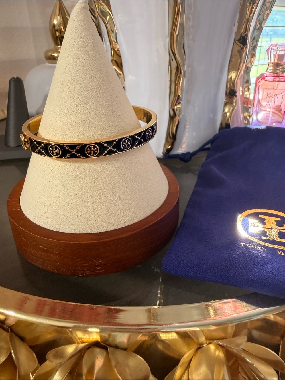 Tory Burch Black and Gold Logo Enamel Hinged Bangle